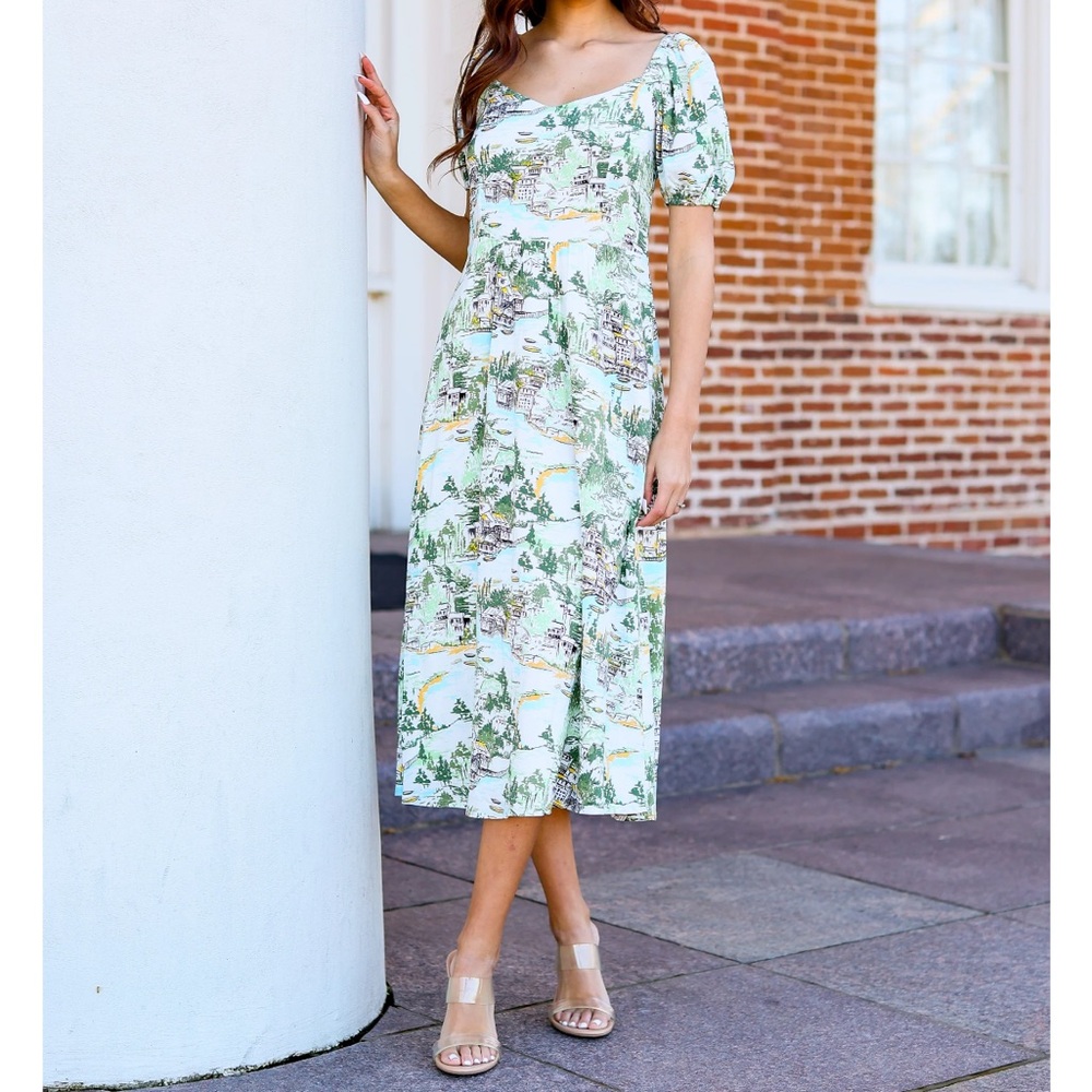 Sugarlips Scenic Print Midi Dress in Green and White NWT